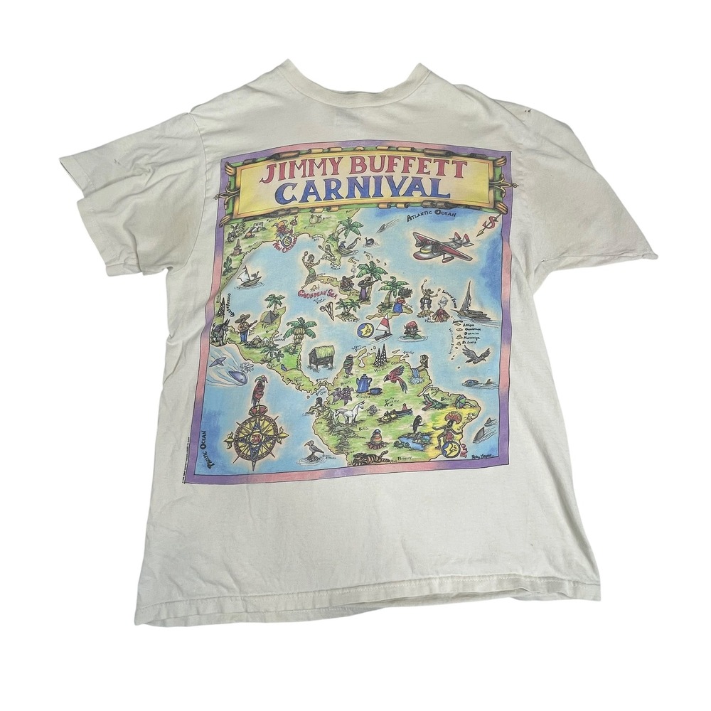 Vintage 1998 Jimmy Buffett Carnival Tour T-Shirt Tultex Large Off White Map Tee